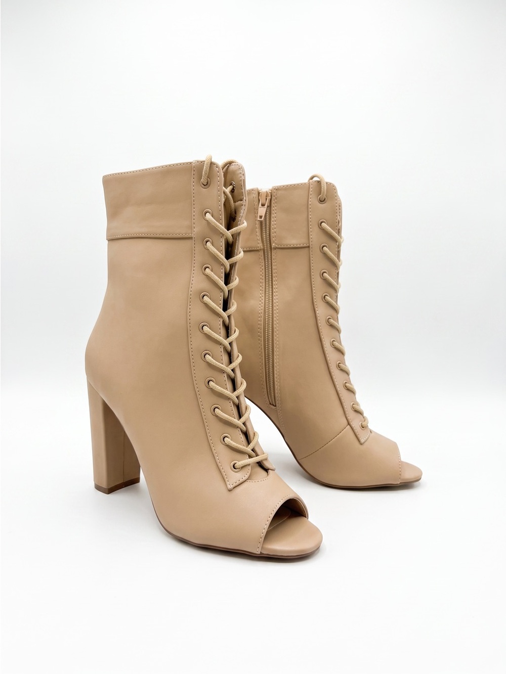 Women's Lace-Up Peep Toe Block Heel Ankle Boots Beige Size 8.5